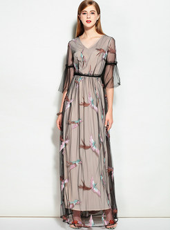 Mesh Bird Embroidered Flare Sleeve Maxi Dress