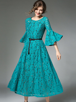 Elegant Lace Hollow Flare Sleeve Maxi Dress