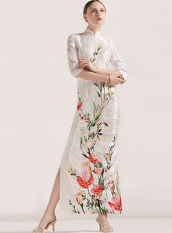 Vintage Jacquard Print Improved Cheongsam Maxi Dress