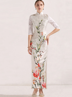 Vintage Jacquard Print Improved Cheongsam Maxi Dress