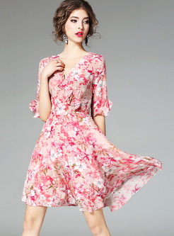 Chic Floral Print V-neck Falbala A-line Dress