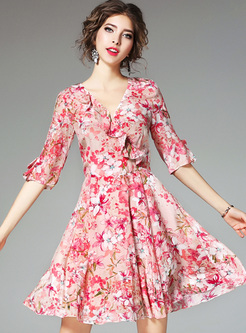 Chic Floral Print V-neck Falbala A-line Dress
