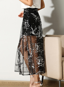 Chic Perspective Print Organza Skirt With Underskirt