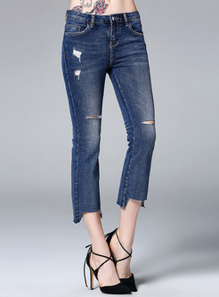 Brief Hole Asymmetric Hem Slim Jeans