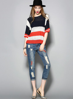 Hollow Out Hit Color Striped Sweater