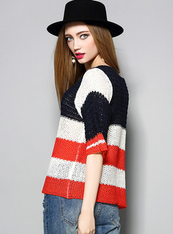 Hollow Out Hit Color Striped Sweater