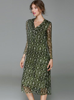 Green Silk Long Sleeve V-neck Shift Dress With Underskirt