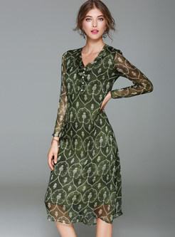 Green Silk Long Sleeve V-neck Shift Dress With Underskirt