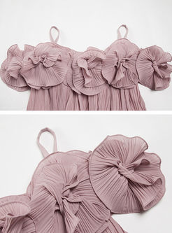 Cute Flower Slash Collar Pleated Loose Shift Dress 