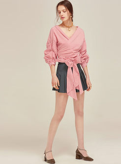 Sexy Striated Belted V-neck Long Sleeve Blouse 
