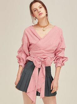 Sexy Striated Belted V-neck Long Sleeve Blouse 