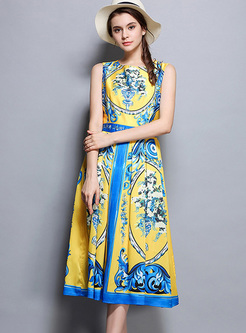 Ethnic Floral Print Sleeveless Skater Dress