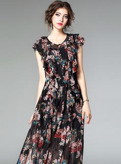 Bohemia Falbala Sleeveless Print Maxi Dress