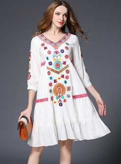Ethnic Falbala Hem Embroidery Shift Dress