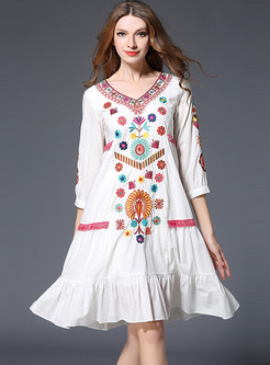 Ethnic Falbala Hem Embroidery Shift Dress