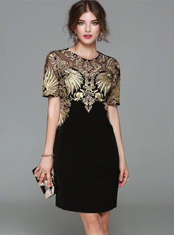 Party Embroidered Perspective O-neck Sheath Bodycon Dress 