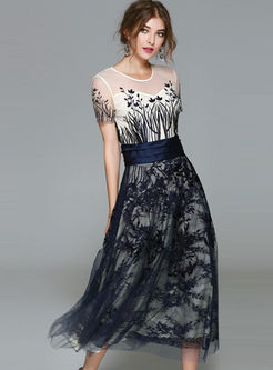 Crew Neck Embroidered Maxi Prom Dress