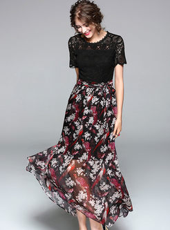 Sexy Lace Splicing Print Hollow-out Sheath Maxi Dress 