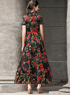 Chic Rose Print Lapel Waist Maxi Dress