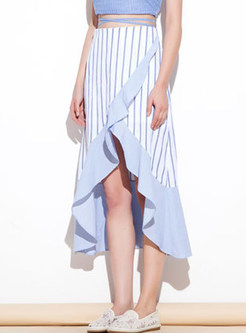 Asymmetry Striped Mesh Falbala Skirt