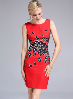 Red Floral Print Sleeveless Bodycon Dress