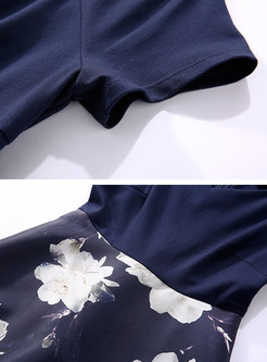Stylish Floral Print Stitching V-neck Skater Dress