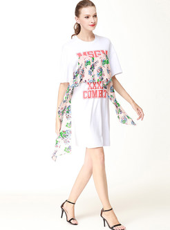 Street Falbala Floral Print Splicing T-shirt Dress 