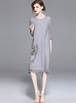 Loose Silk Embroidered Shift Dress