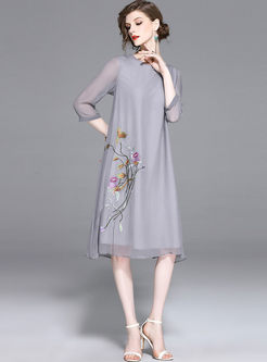 Loose Silk Embroidered Shift Dress