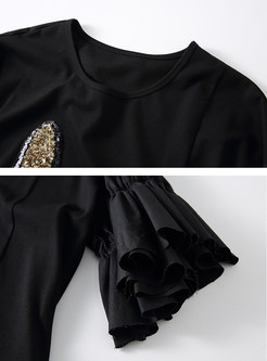 Casual Dog Sequins Ruffle Sleeve Loose T-shirt Dress 