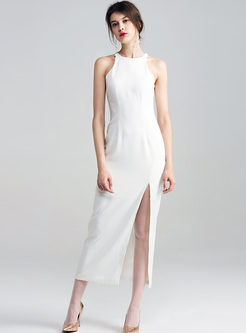Elegant White Split Sleeveless Maxi Dress