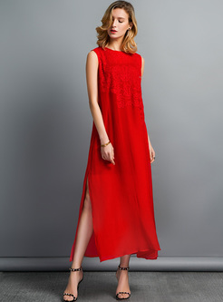 Brief Sleeveless Embroidery Silk Maxi Dress