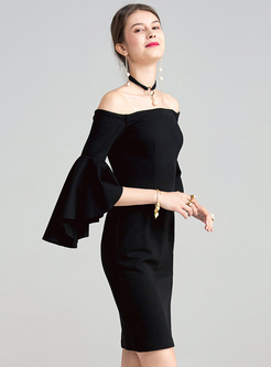 Black Elegant Flare Sleeve Slim Bodycon Dress