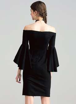 Black Elegant Flare Sleeve Slim Bodycon Dress