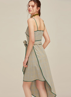 Elegant Grid V-neck Asymmetric A-line Dress