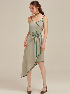 Elegant Grid V-neck Asymmetric A-line Dress