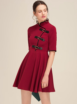 Vintage Color-blocked Leather-Buttoned Skater Dress