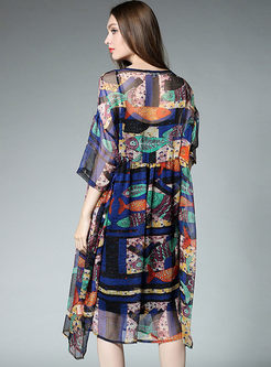 Ethnic Print Loose Shift Dress With Underskirt