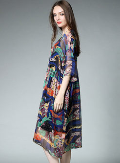 Ethnic Print Loose Shift Dress With Underskirt