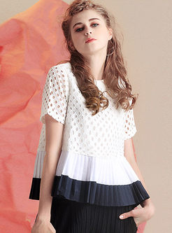 Hollow Out Hit Color Short Sleeve Blouse