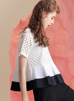 Hollow Out Hit Color Short Sleeve Blouse