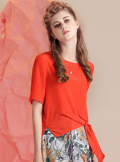 Brief Pure Color Silk Short Sleeve Blouse