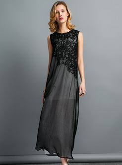 Brief Sleeveless Embroidery Silk Maxi Dress