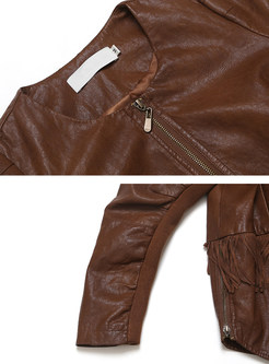 Street Asymmetrical Fringed O-neck Sheath Leather Coat 