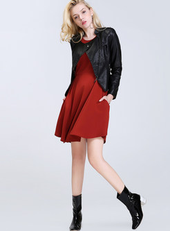 Street Asymmetrical Pure Color Square Collar Leather Coat