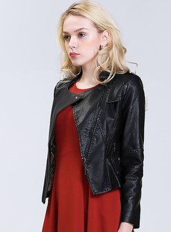Street Asymmetrical Pure Color Square Collar Leather Coat