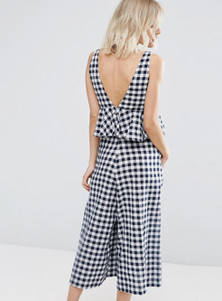 Sexy V-neck Case Grain Backless Jumpsuits 