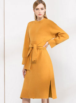 Loose Slit Long Sleeve Belt Knitted Dress
