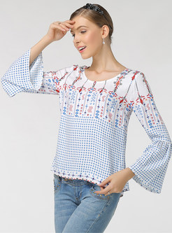 Casual Print Splicing O-neck Flare Sleeve T-shirt 