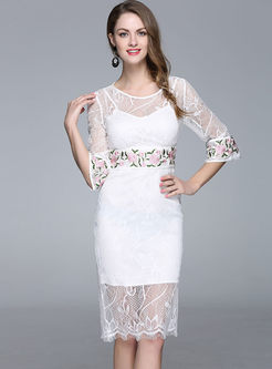 White Lace Stitching Embroidered Bodycon Dress